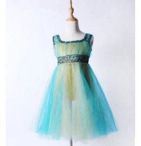 Turquoise tulle spandex fabric lace patchwork tank girls kids child children long length modern performance ballet dance dresses outfits